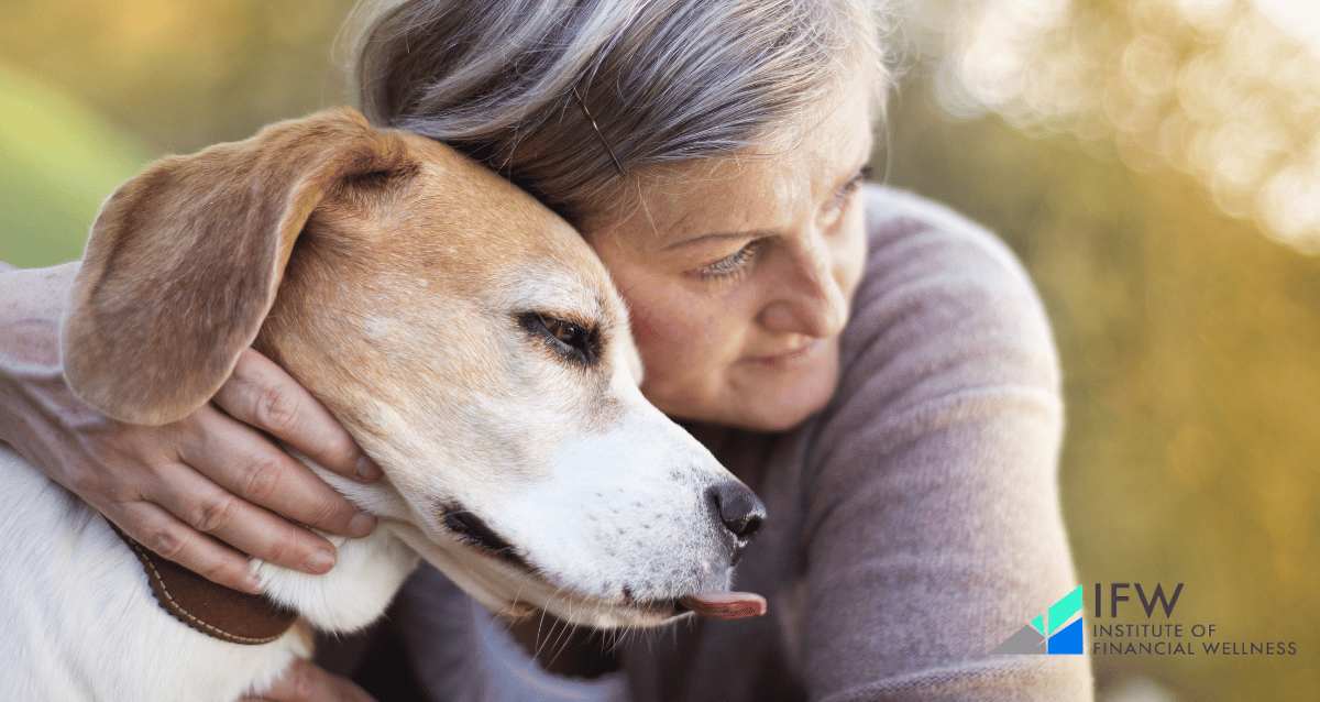 A senior woman in a pet-friendly retirement community