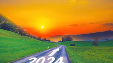 Open empty road path end and new year 2024. Upcoming 2024 goals and leaving behind 2023 year. passing time future, life plan change, work start run line, sunset hope growth begin, go forward concept.