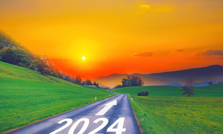 Open empty road path end and new year 2024. Upcoming 2024 goals and leaving behind 2023 year. passing time future, life plan change, work start run line, sunset hope growth begin, go forward concept.
