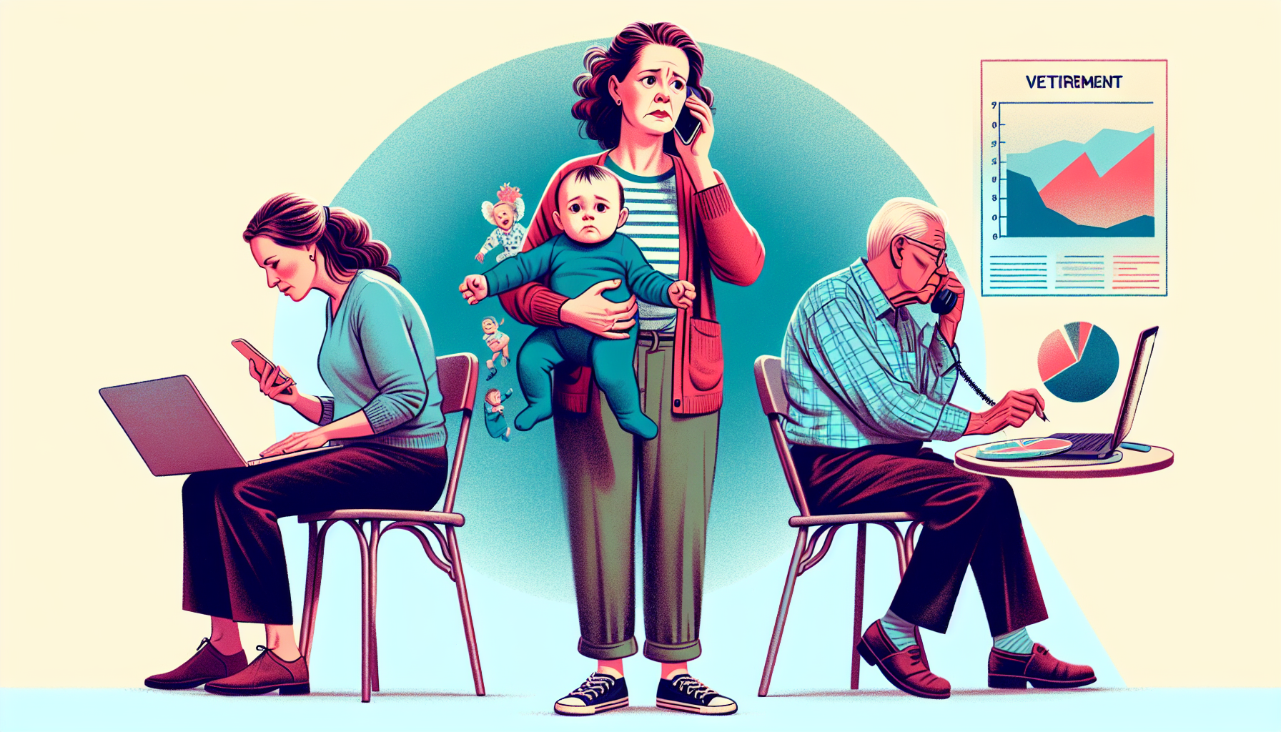 A Gen X woman multitasking between caring for children, aging parents, and retirement planning