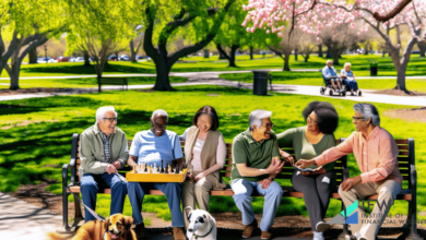 A diverse group of retired individuals enjoying their golden years in a park