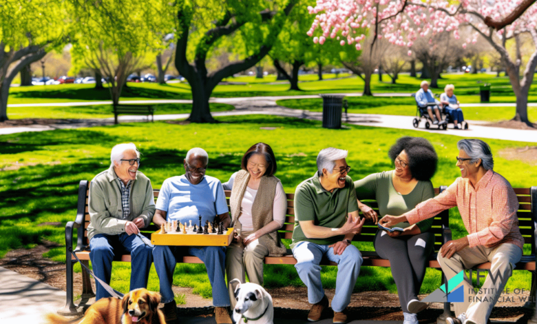 A diverse group of retired individuals enjoying their golden years in a park