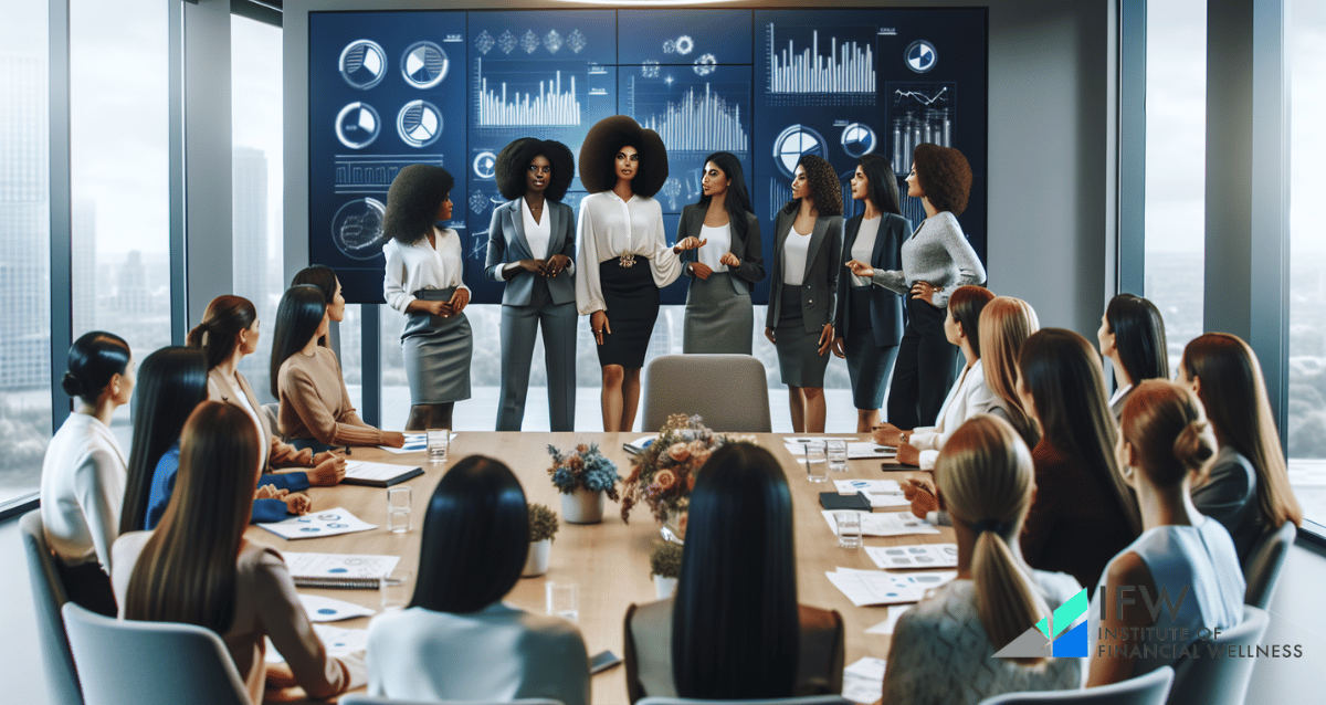 Illustration of a group of black female influencers leading a finance workshop