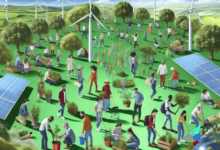 Illustration of diverse group of people collaborating in a sustainable environment