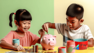 Children playing with toy money and piggy bank