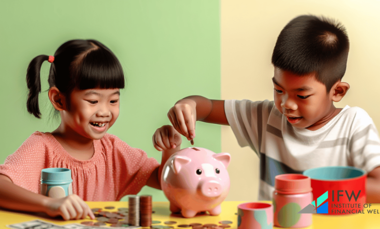 Children playing with toy money and piggy bank