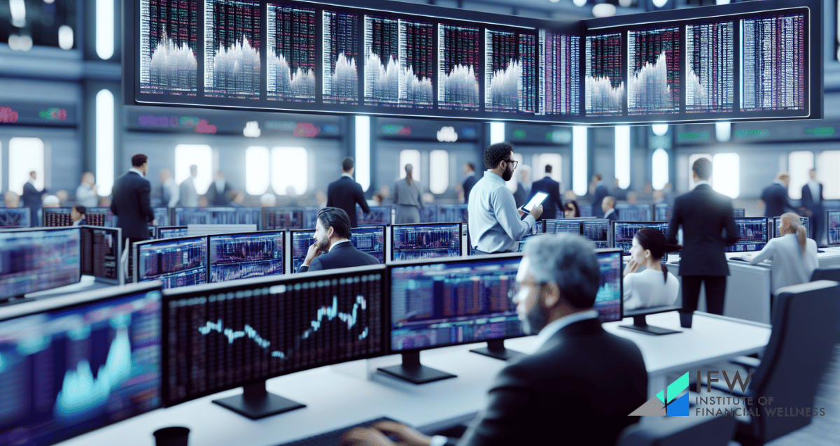 A blurred image of a stock market trading floor
