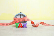 Letters on Tax standing against the alarm clock wrapped with measuring tape on the wooden table.